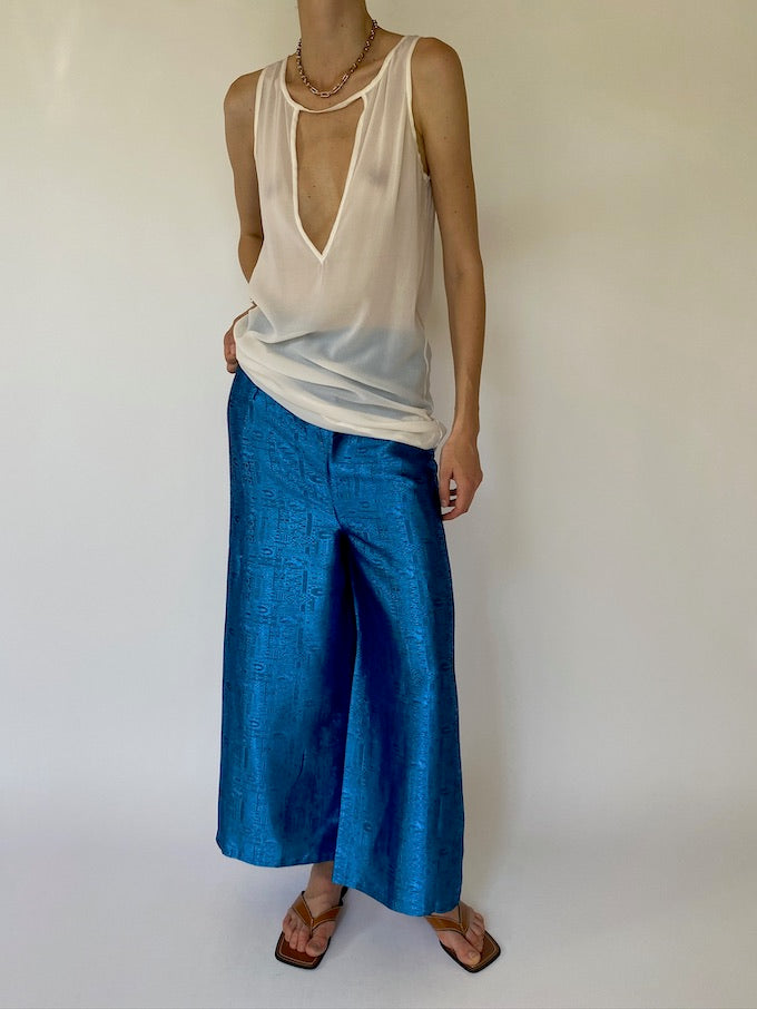 VINTAGE BROCADE WAIST-TIE WRAP PANTS BLUE METALLIC 4358