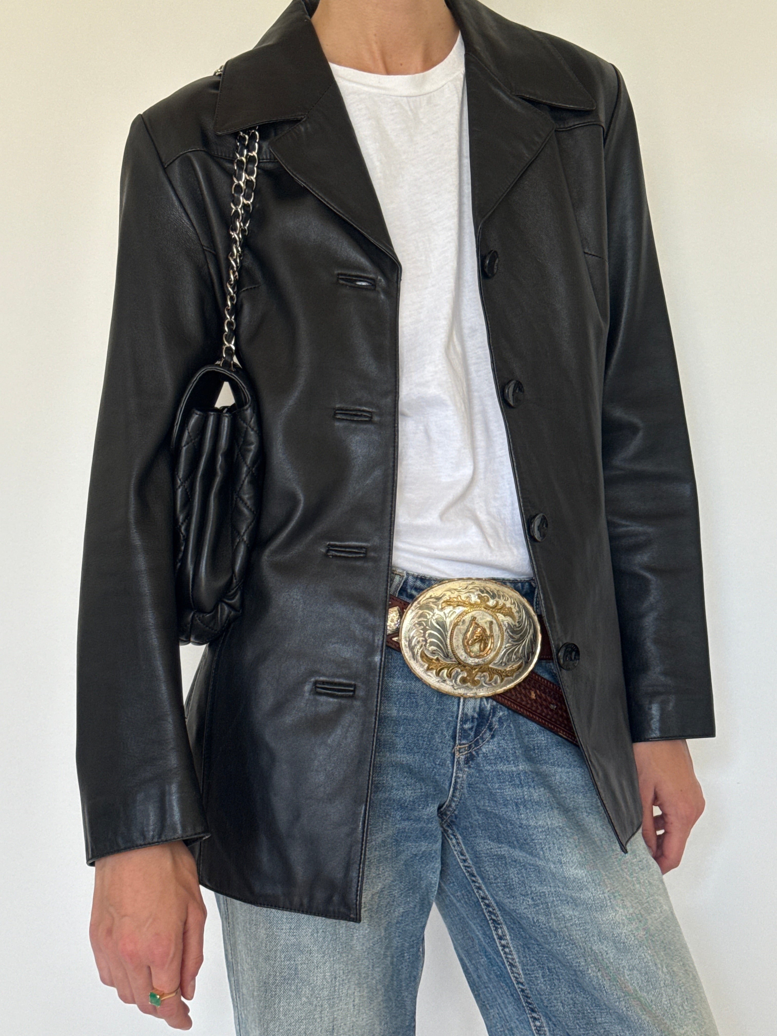 Vintage black leather blazer front view