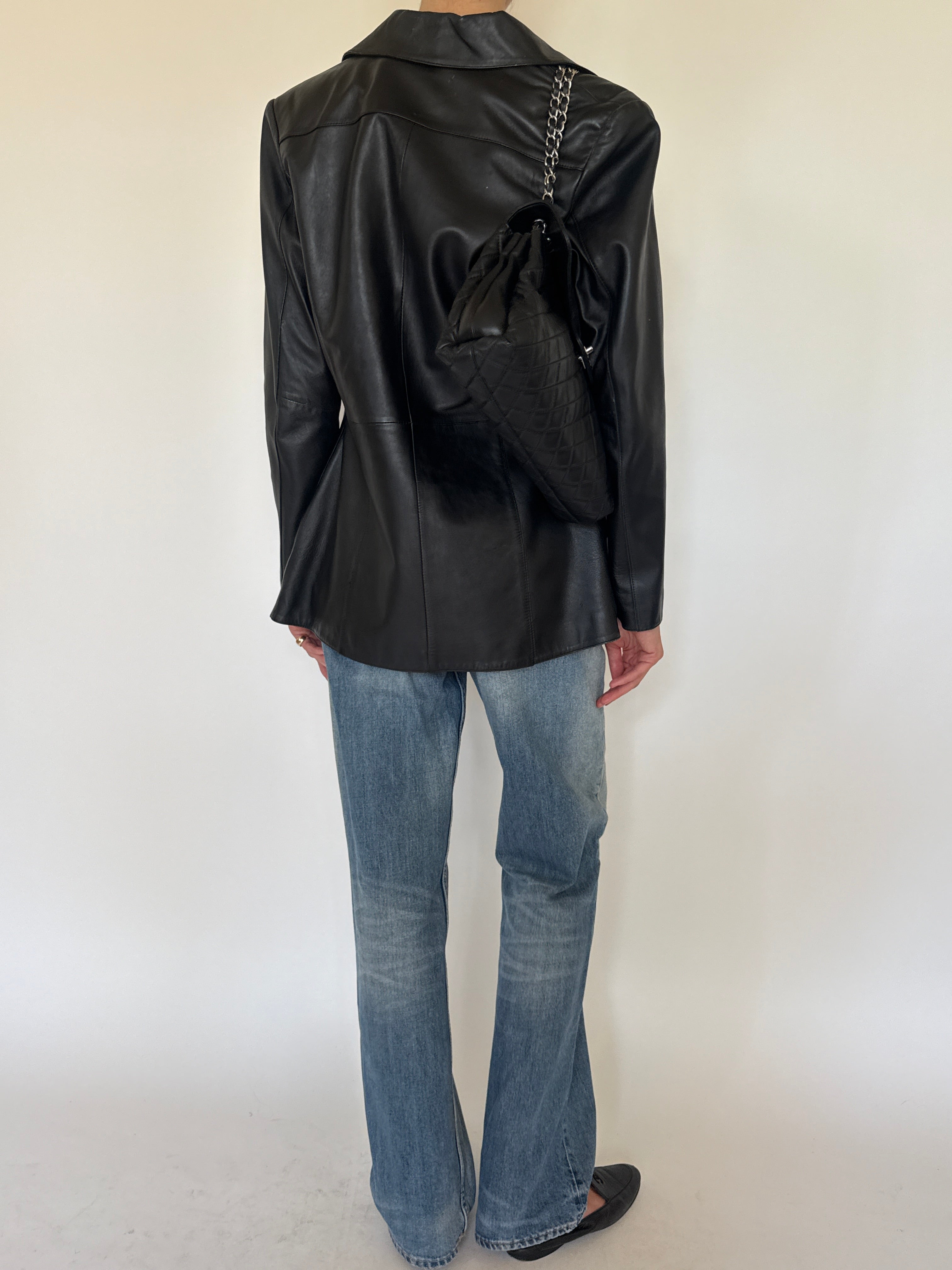 Vintage black leather blazer back view