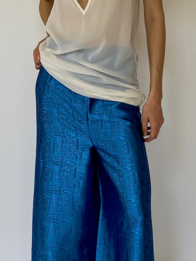 VINTAGE BROCADE WAIST-TIE WRAP PANTS BLUE METALLIC 4358