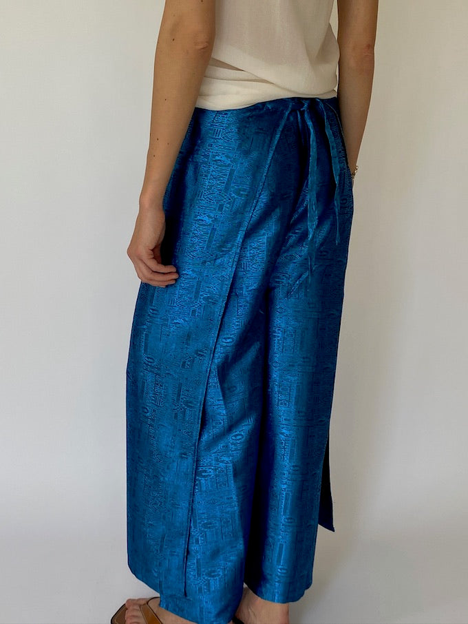 VINTAGE BROCADE WAIST-TIE WRAP PANTS BLUE METALLIC 4358