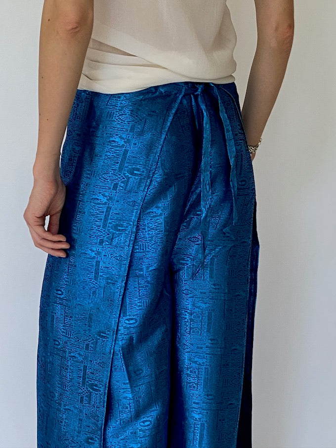 VINTAGE BROCADE WAIST-TIE WRAP PANTS BLUE METALLIC 4358