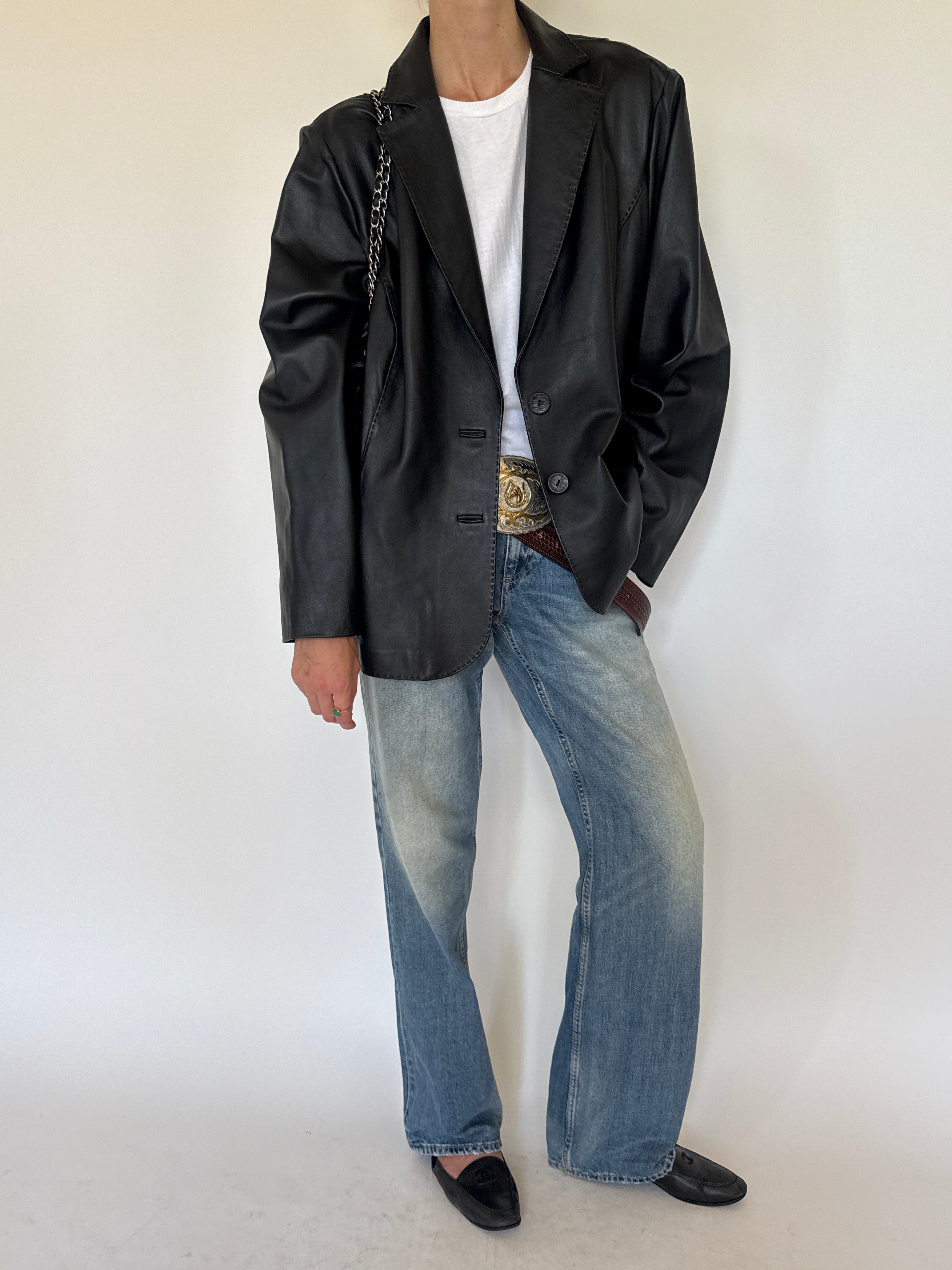 Vintage topstitched leather blazer black alternate view