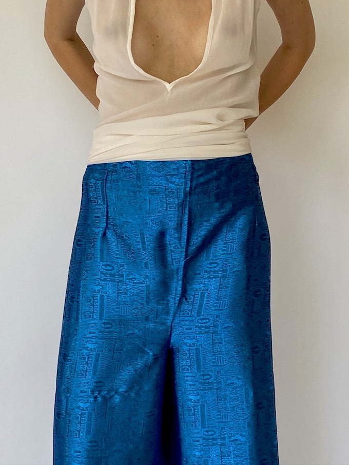 VINTAGE BROCADE WAIST-TIE WRAP PANTS BLUE METALLIC 4358