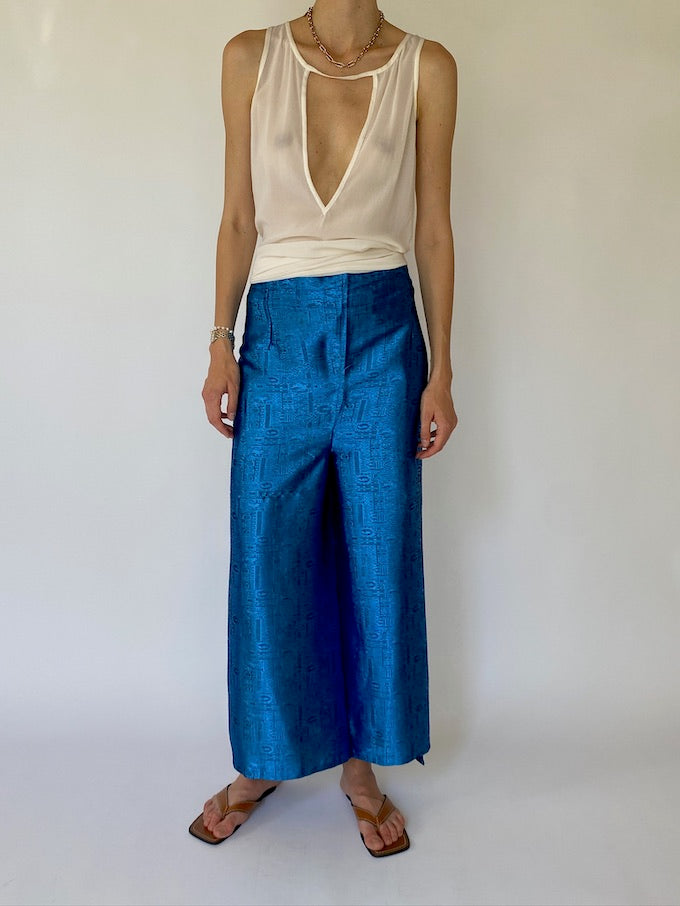 VINTAGE BROCADE WAIST-TIE WRAP PANTS BLUE METALLIC 4358