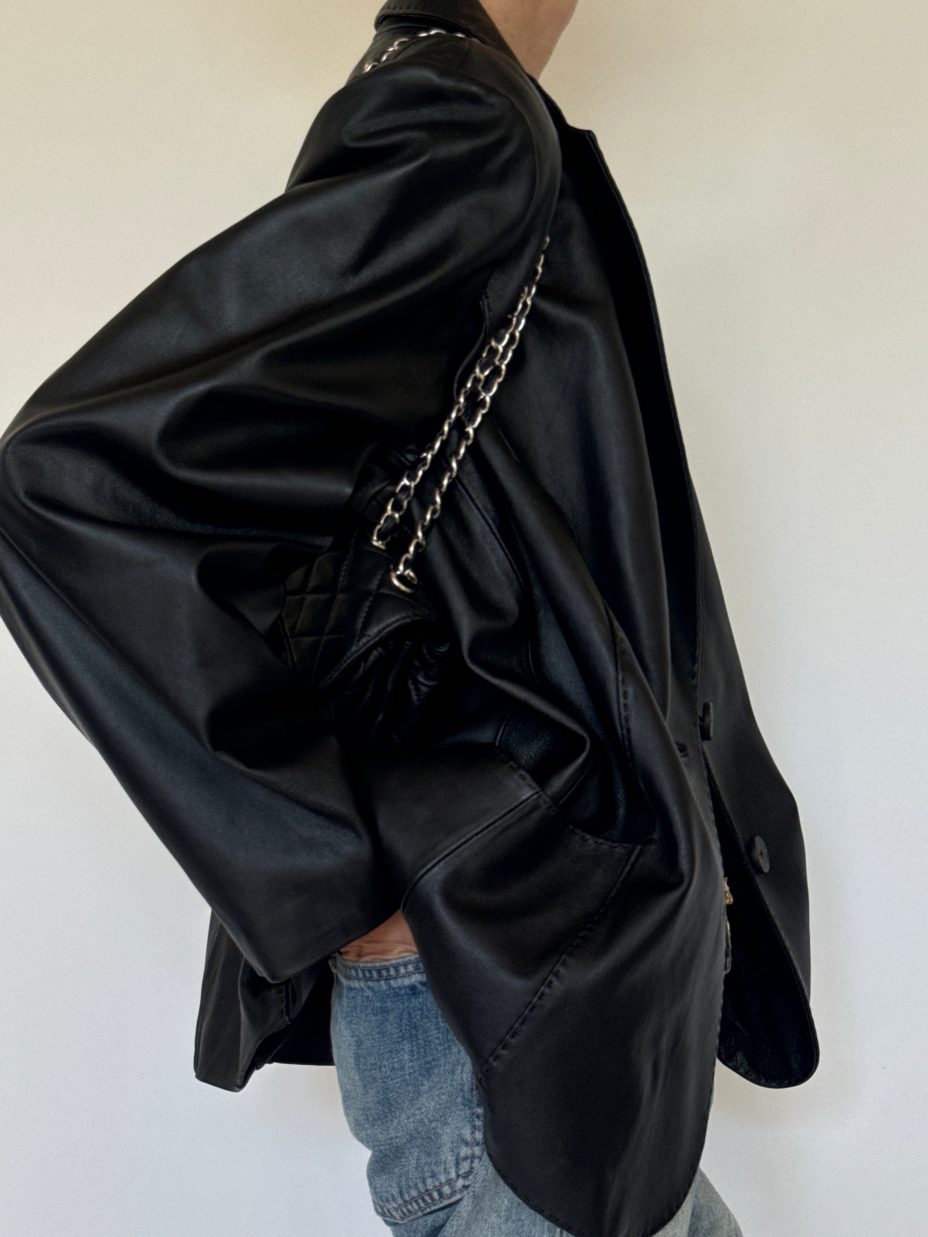 Vintage topstitched leather blazer black side view