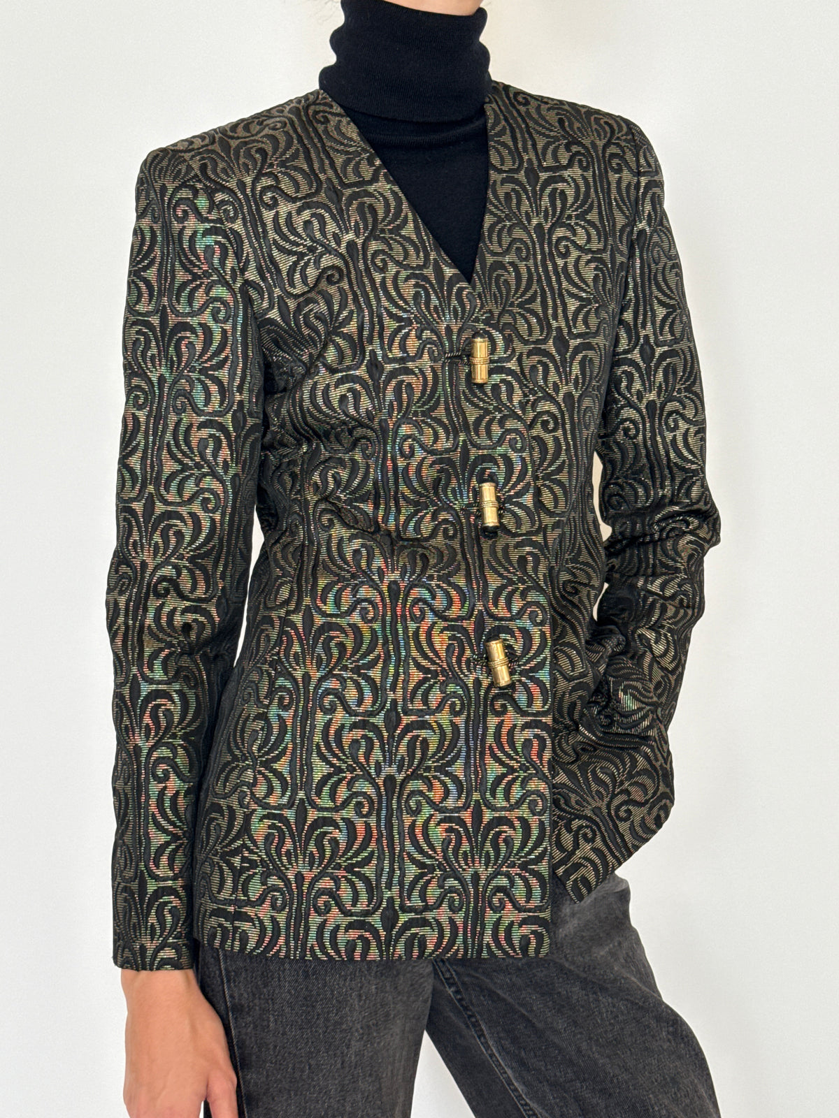 Vintage Metallic Jacquard Blazer Black Gold 7618