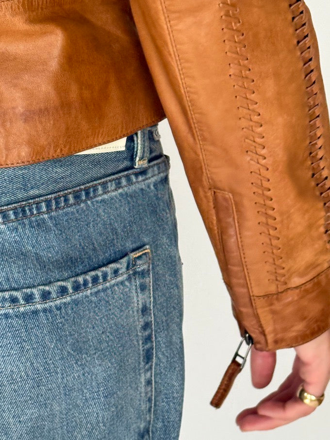 Vintage Leather Jacket with Stitch Detailing Camel 6061