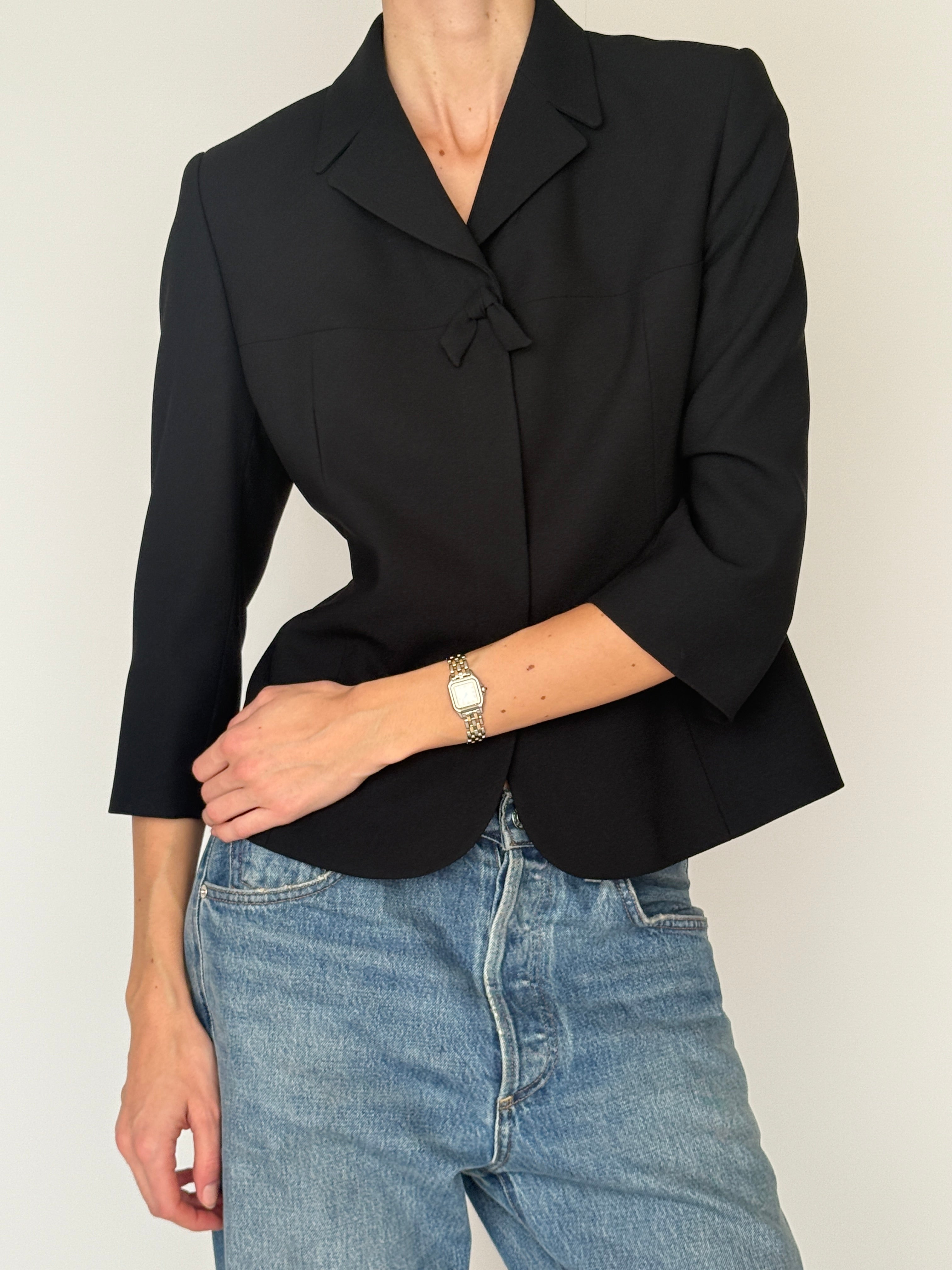 Vintage black bow detail blazer front view