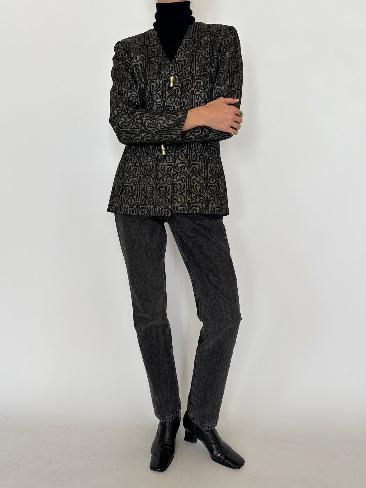 Vintage Metallic Jacquard Blazer Black Gold 7618