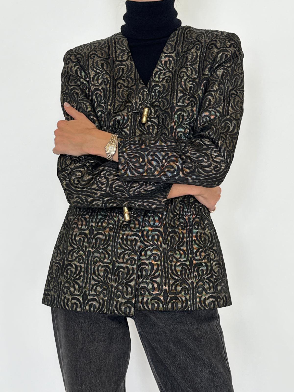 Vintage Metallic Jacquard Blazer Black Gold 7618