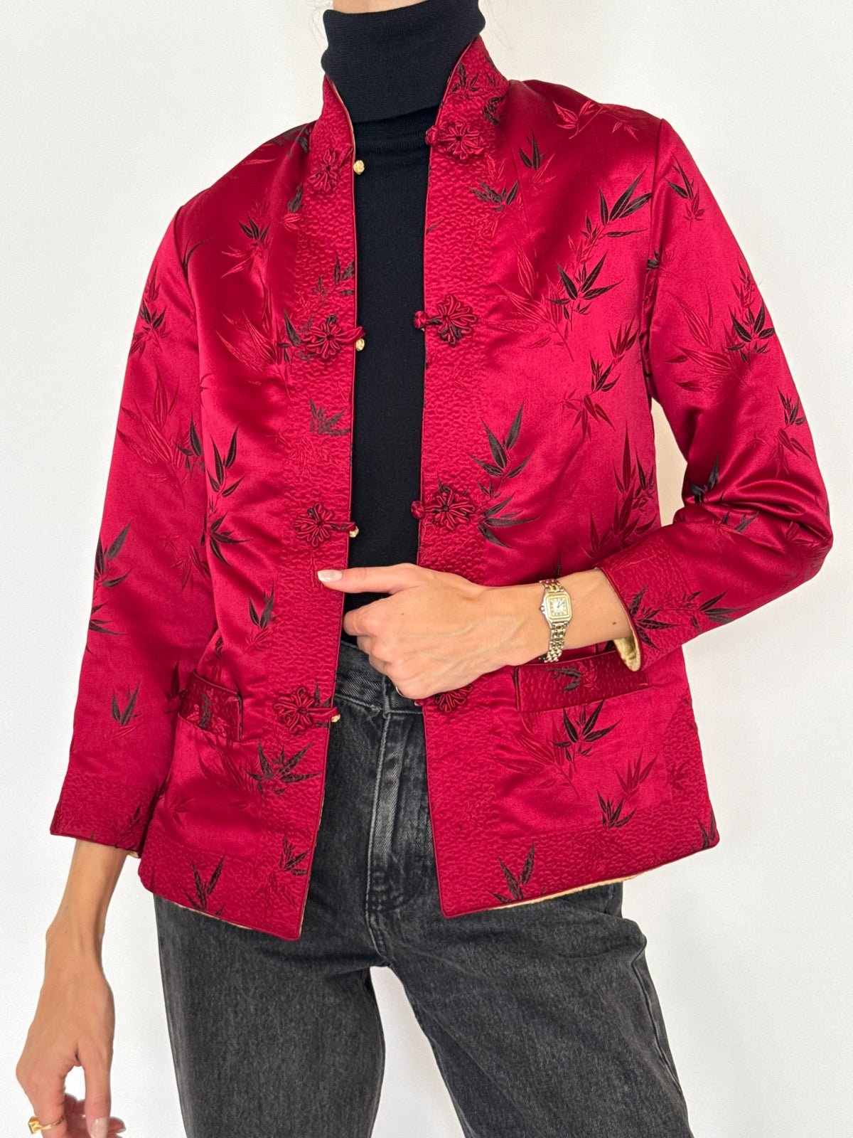 Vintage Reversible Ruby Red & Champagne Gold Brocade Jacket 8420