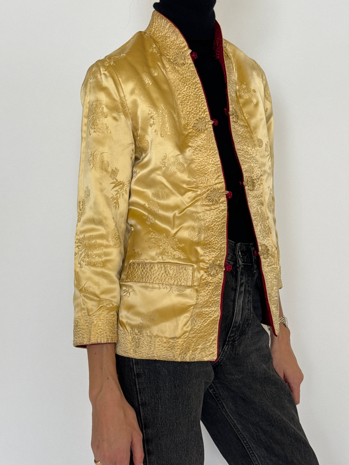 Vintage Reversible Ruby Red & Champagne Gold Brocade Jacket 8420