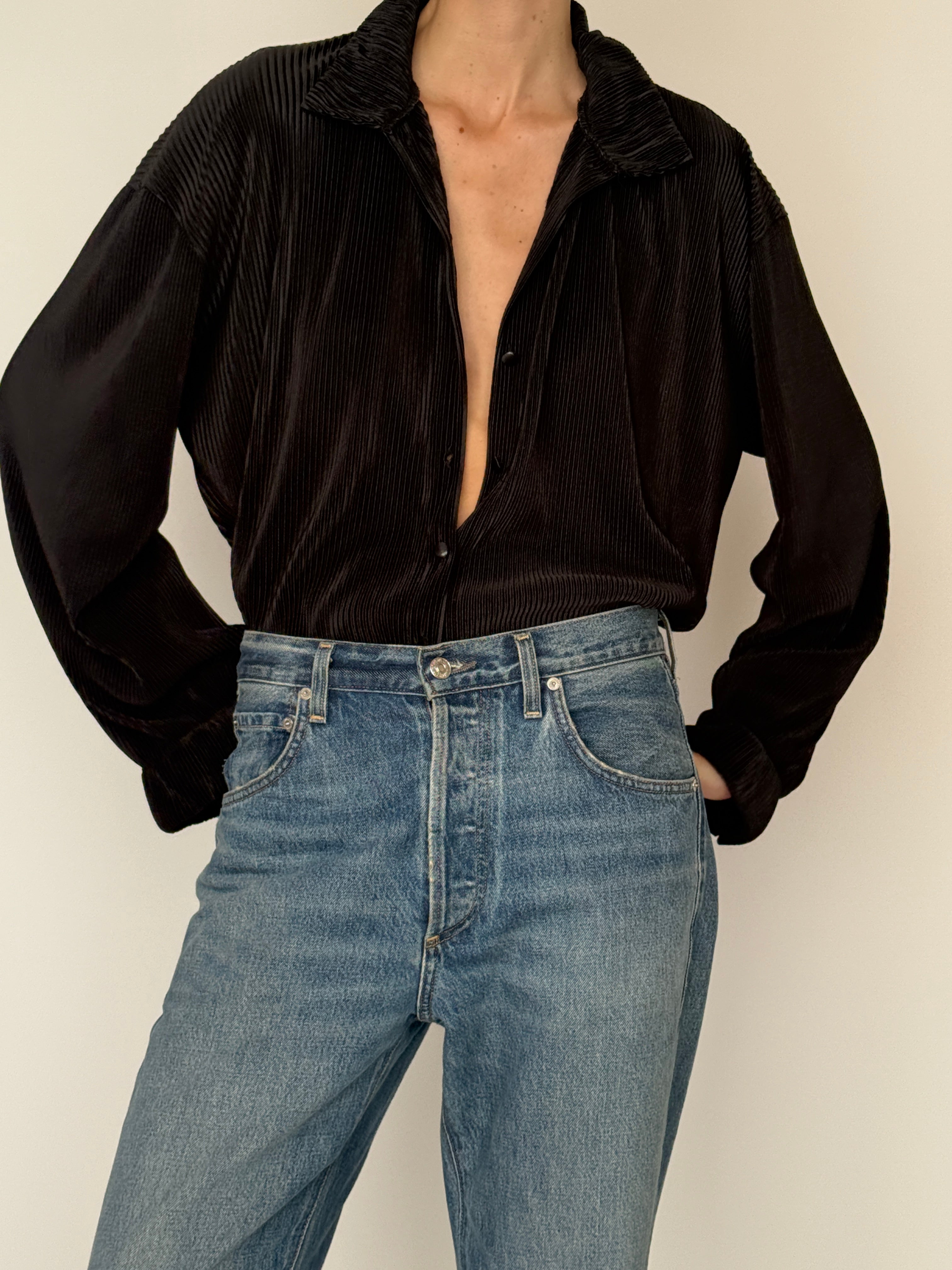 Vintage oversized black pleated blouse front view