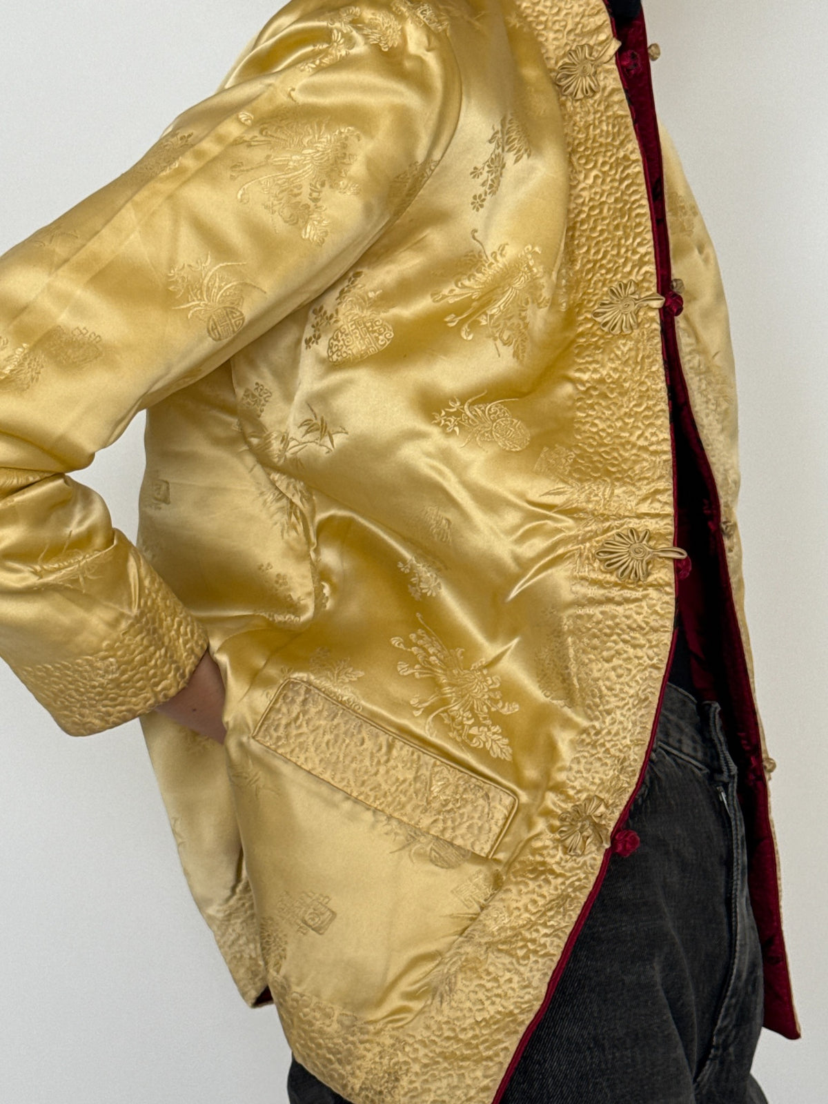 Vintage Reversible Ruby Red & Champagne Gold Brocade Jacket 8420