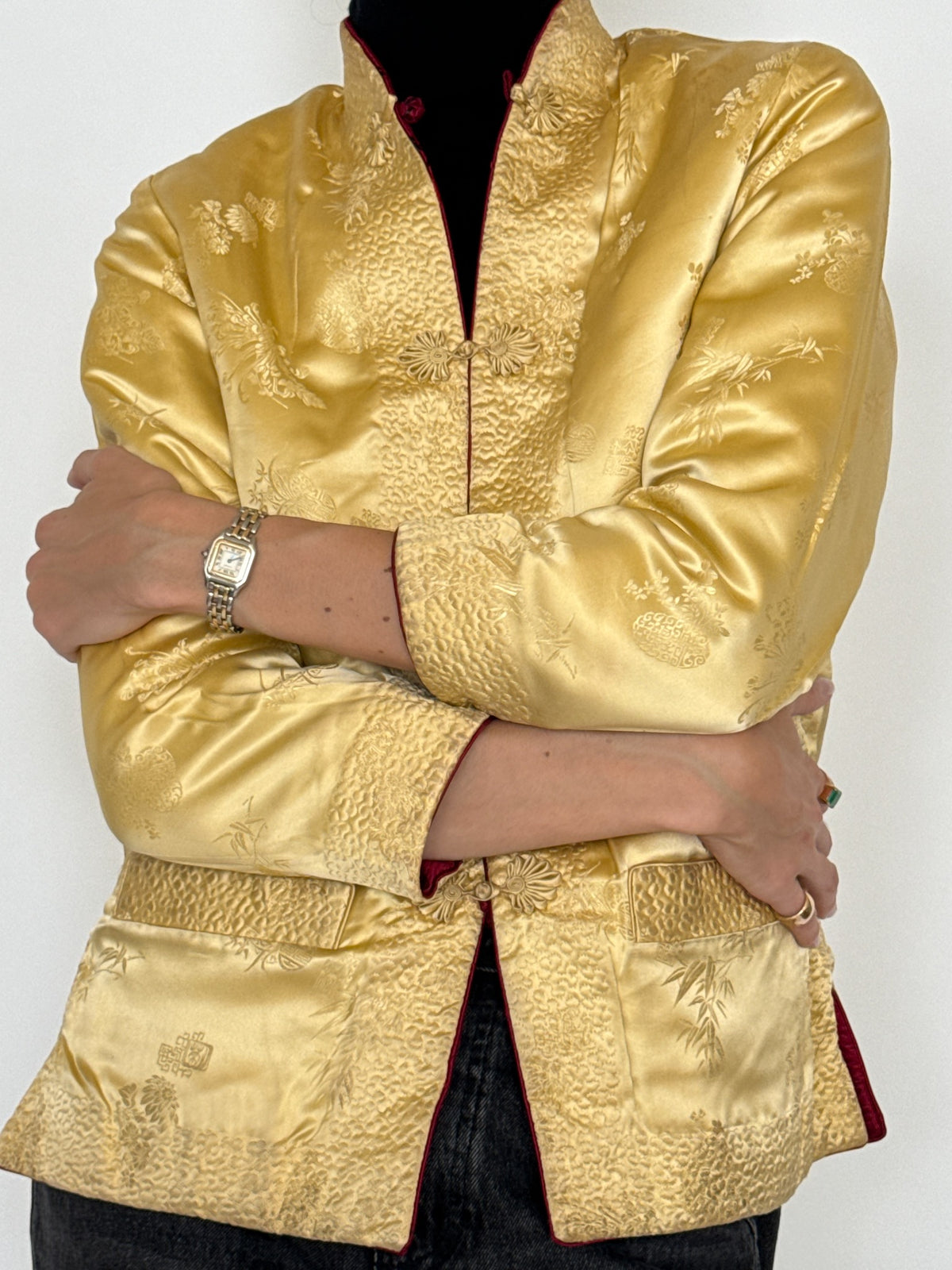 Vintage Reversible Ruby Red & Champagne Gold Brocade Jacket 8420