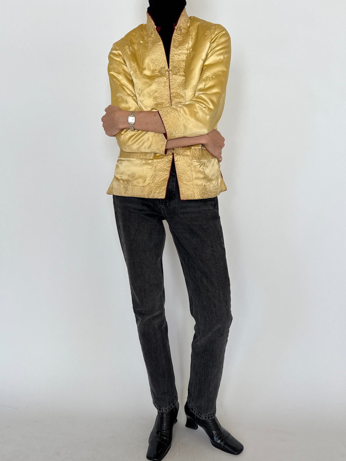 Vintage Reversible Ruby Red & Champagne Gold Brocade Jacket 8420