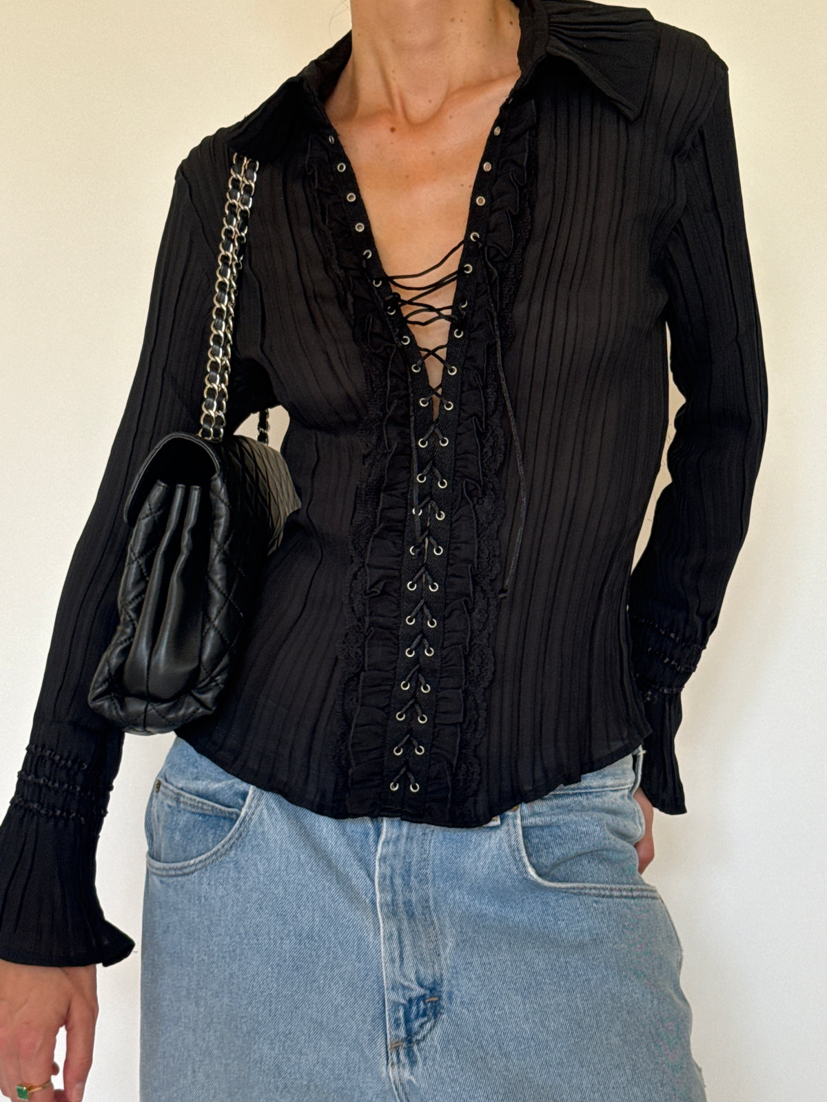 Vintage black lace-up blouse front view