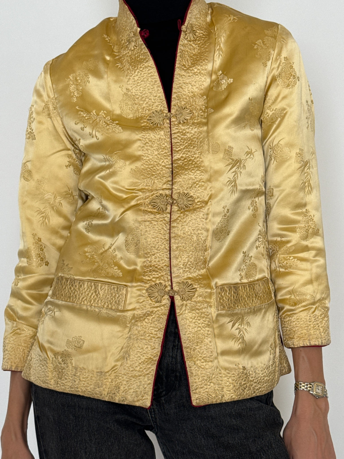 Vintage Reversible Ruby Red & Champagne Gold Brocade Jacket 8420