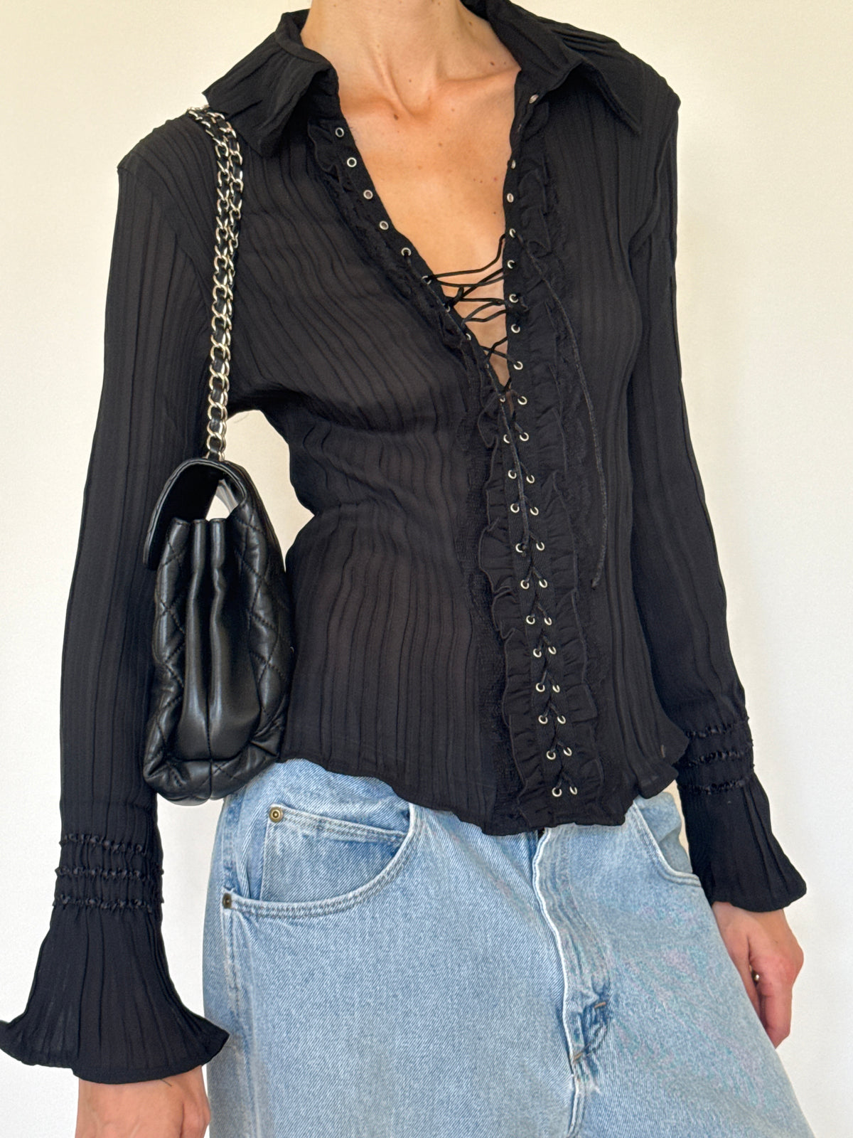 Vintage black lace-up blouse side view