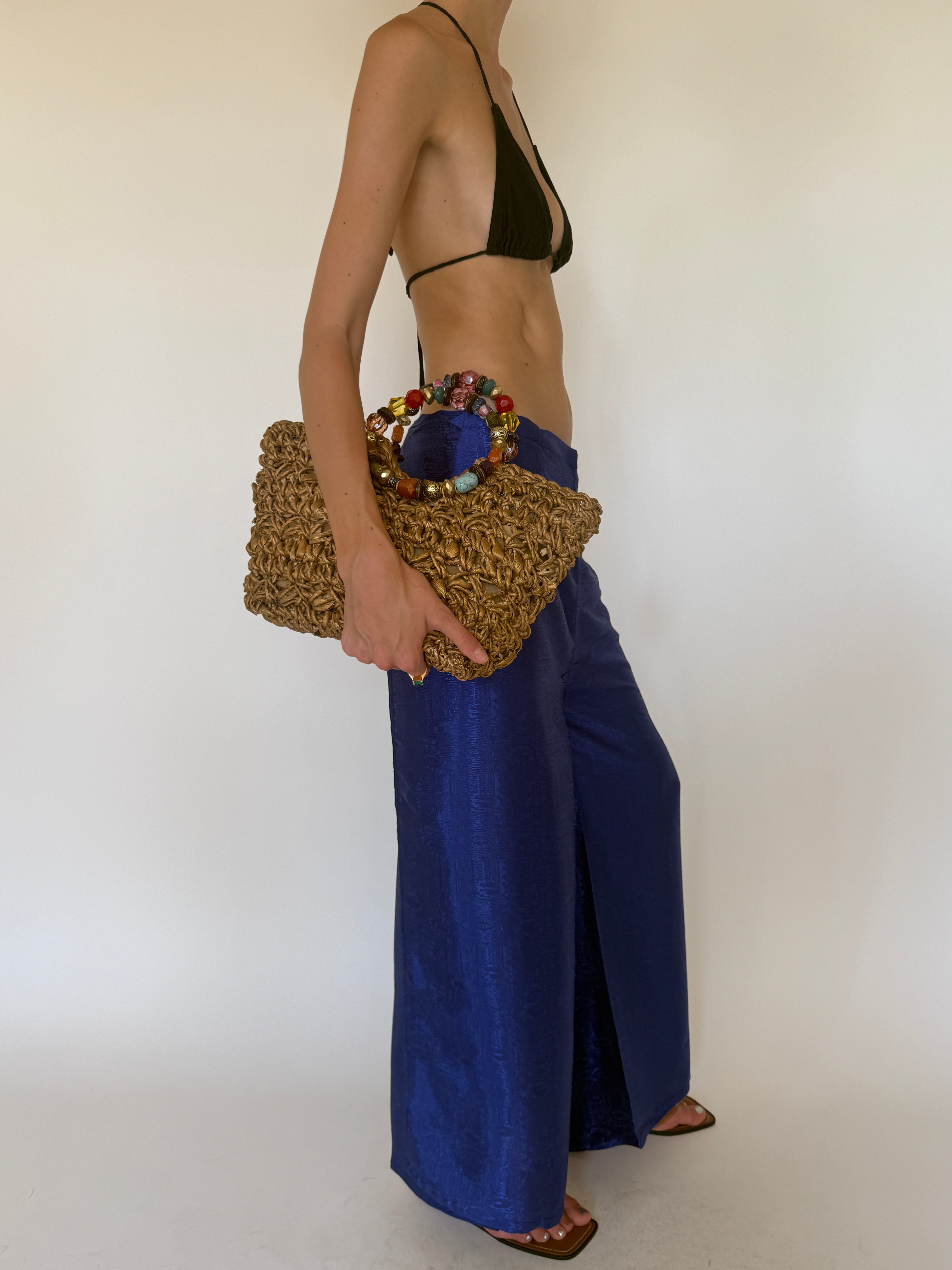 Vintage cobalt blue jacquard wide-leg trousers side view