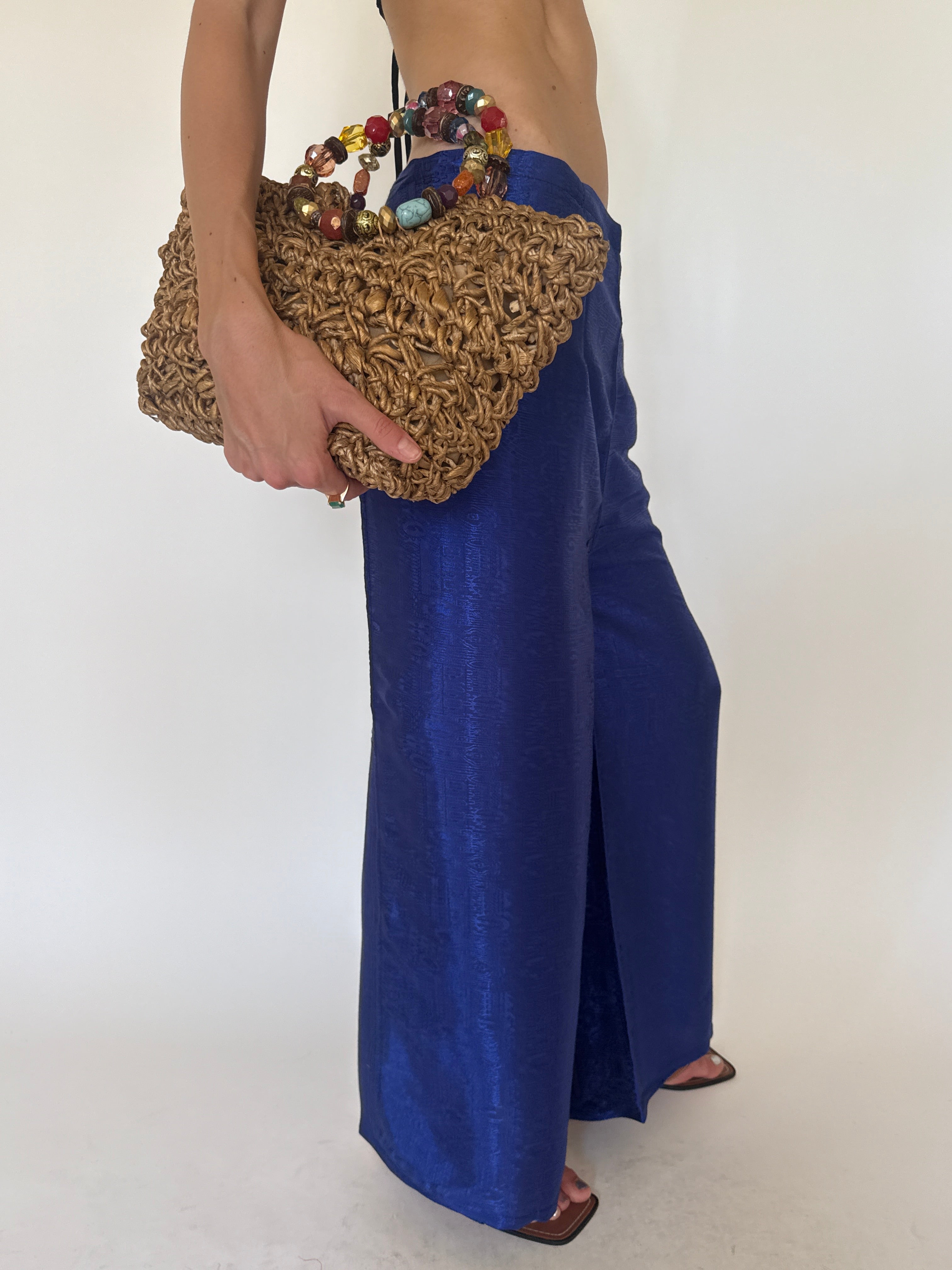 Vintage cobalt blue jacquard wide-leg trousers side view