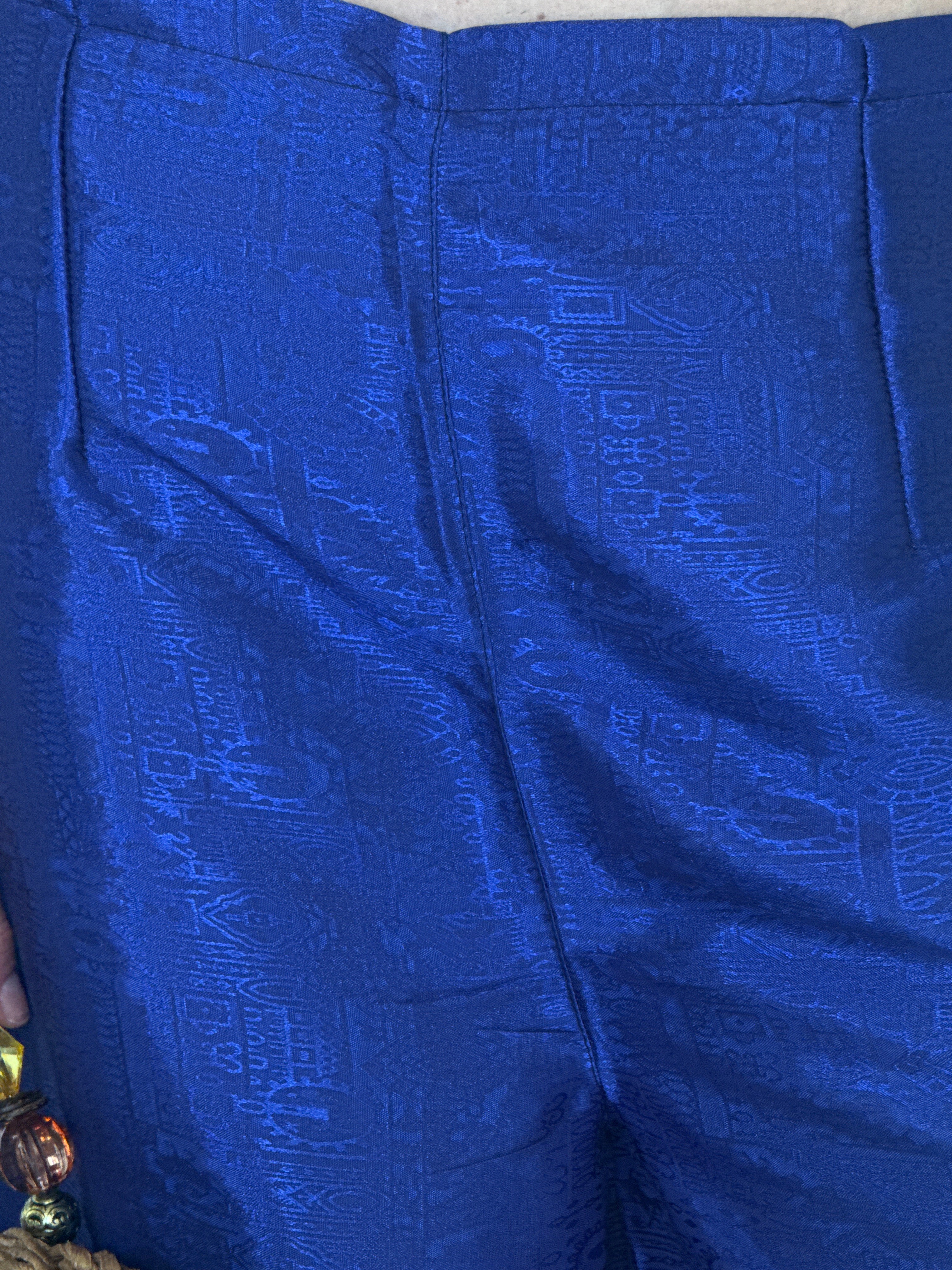 Vintage cobalt blue tonal jacquard fabric close-up