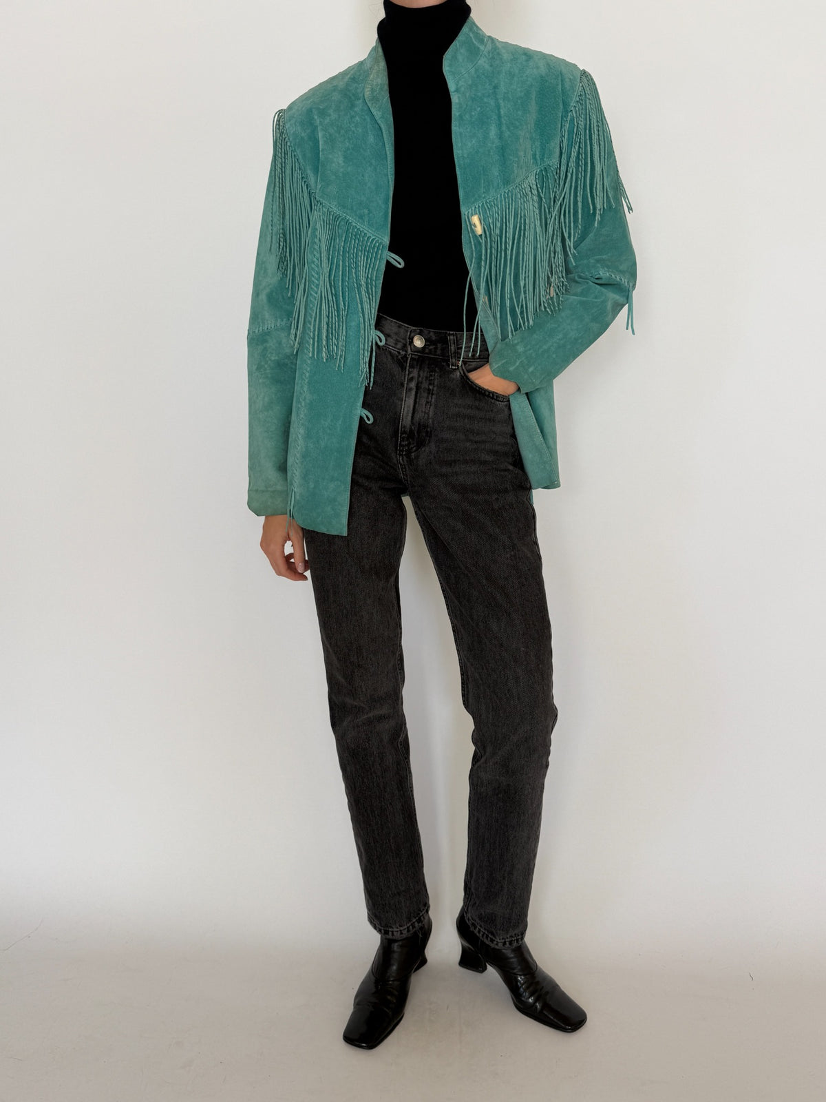 Vintage washed teal western-inspired fringe jacket