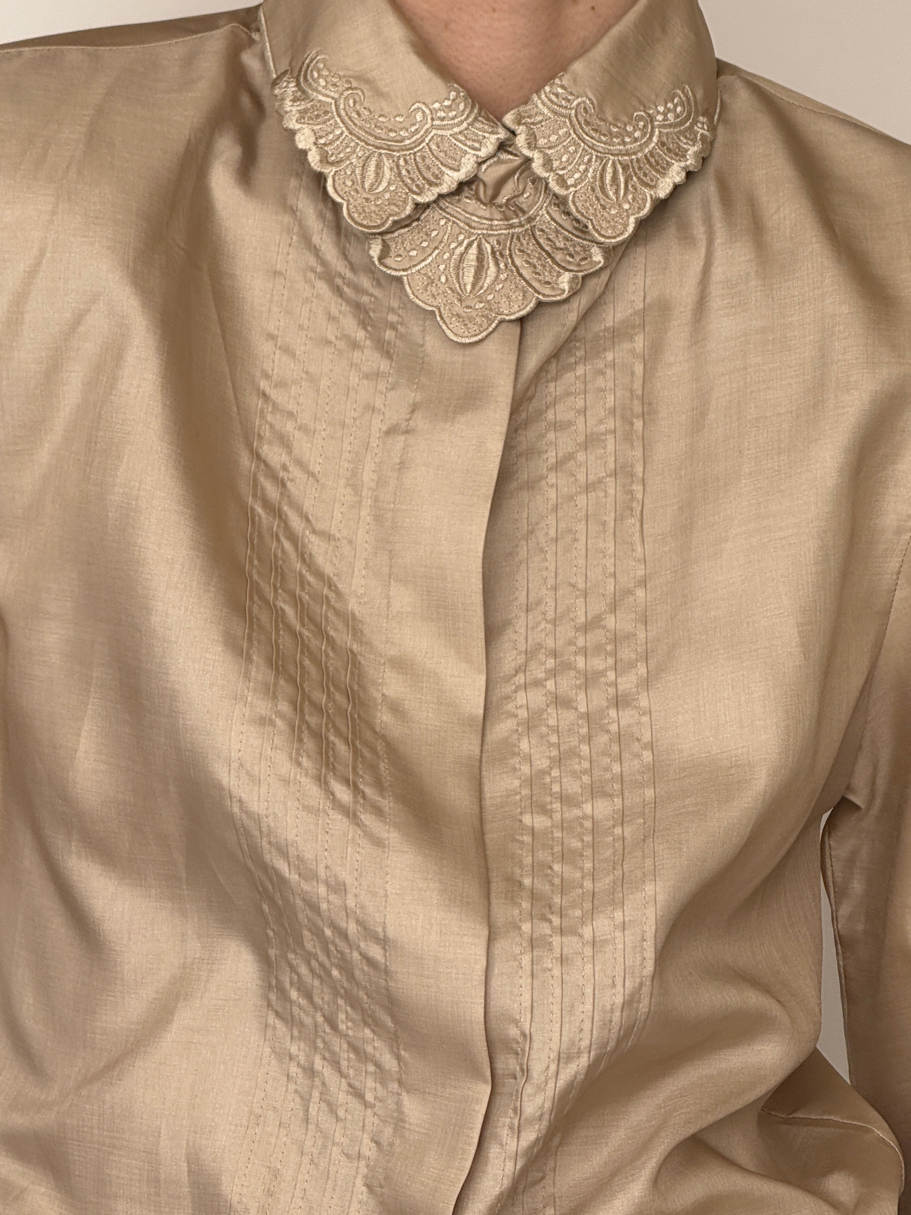 Vintage champagne embroidered collar blouse front view tailored silhouette