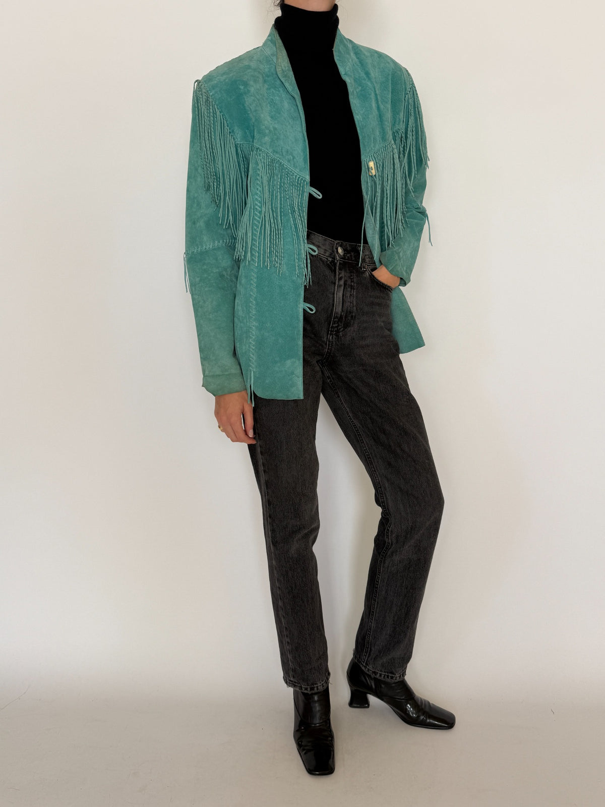 Vintage washed teal western-inspired fringe jacket