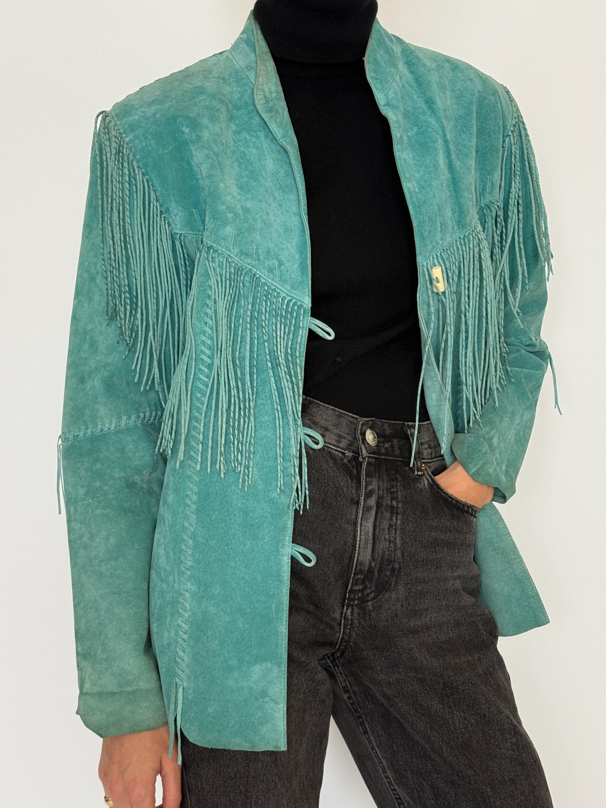 Vintage washed teal western-inspired fringe jacket