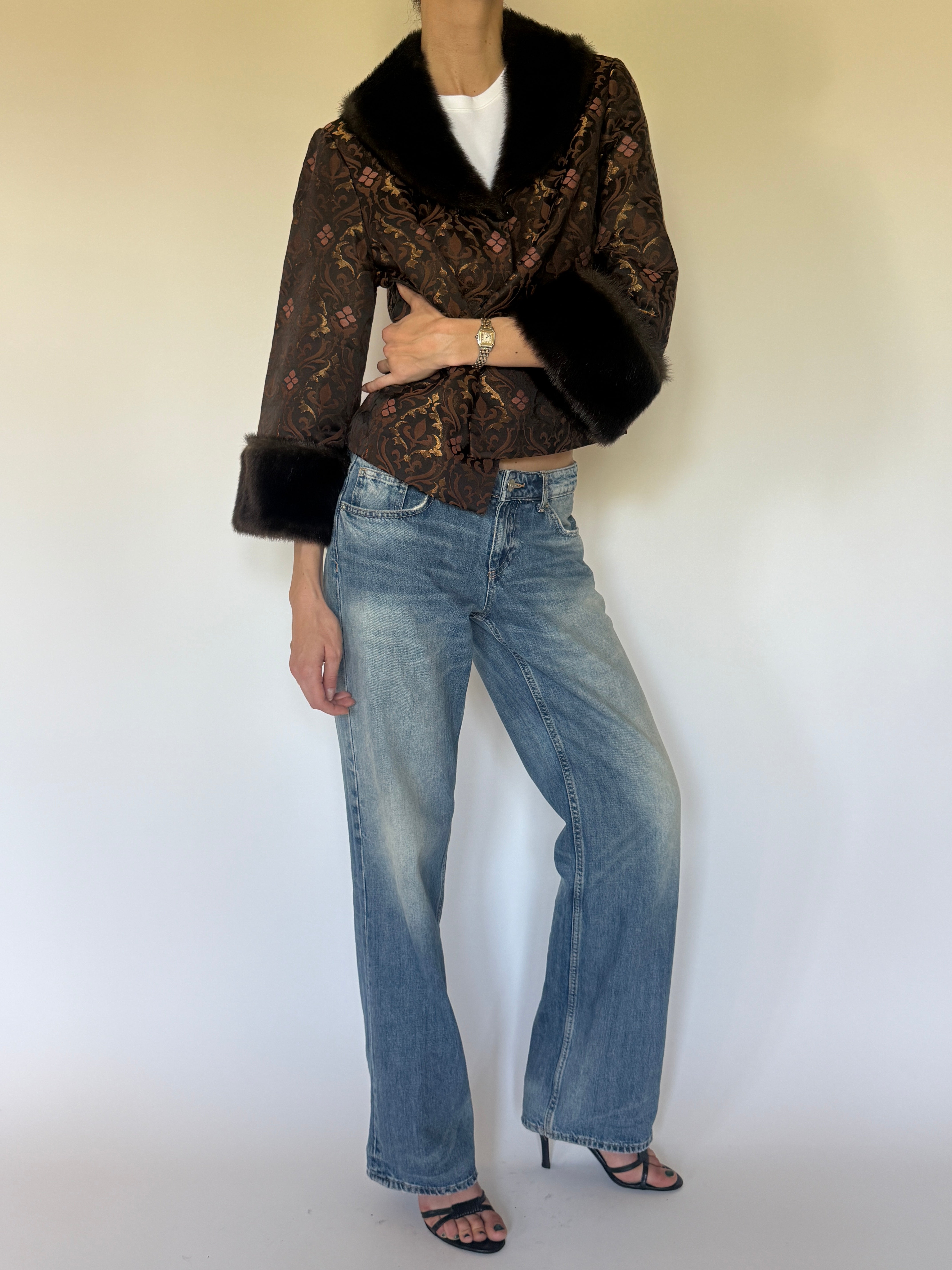 Vintage brown brocade fur trim jacket front view