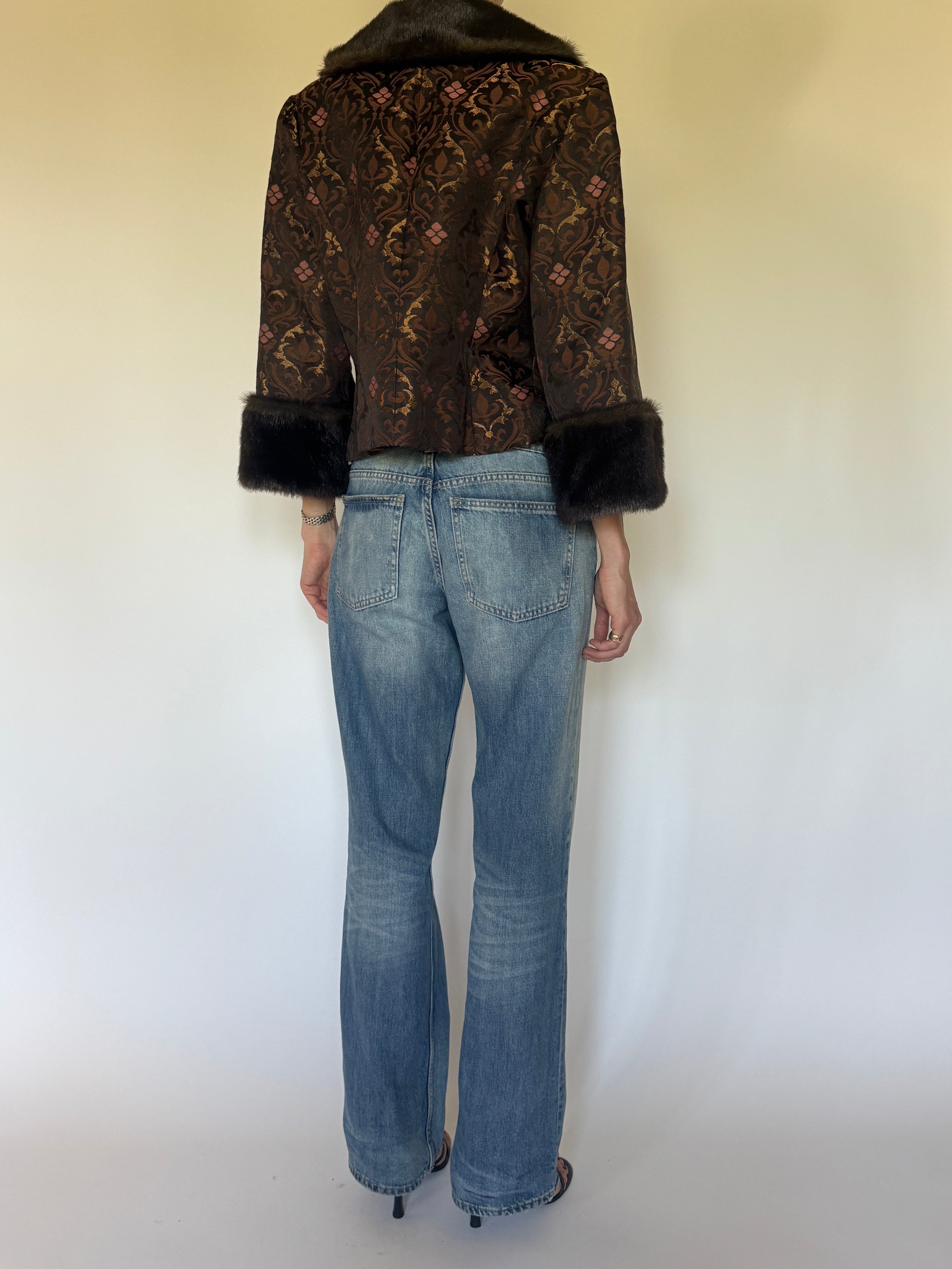 Vintage brown brocade fur trim jacket back view