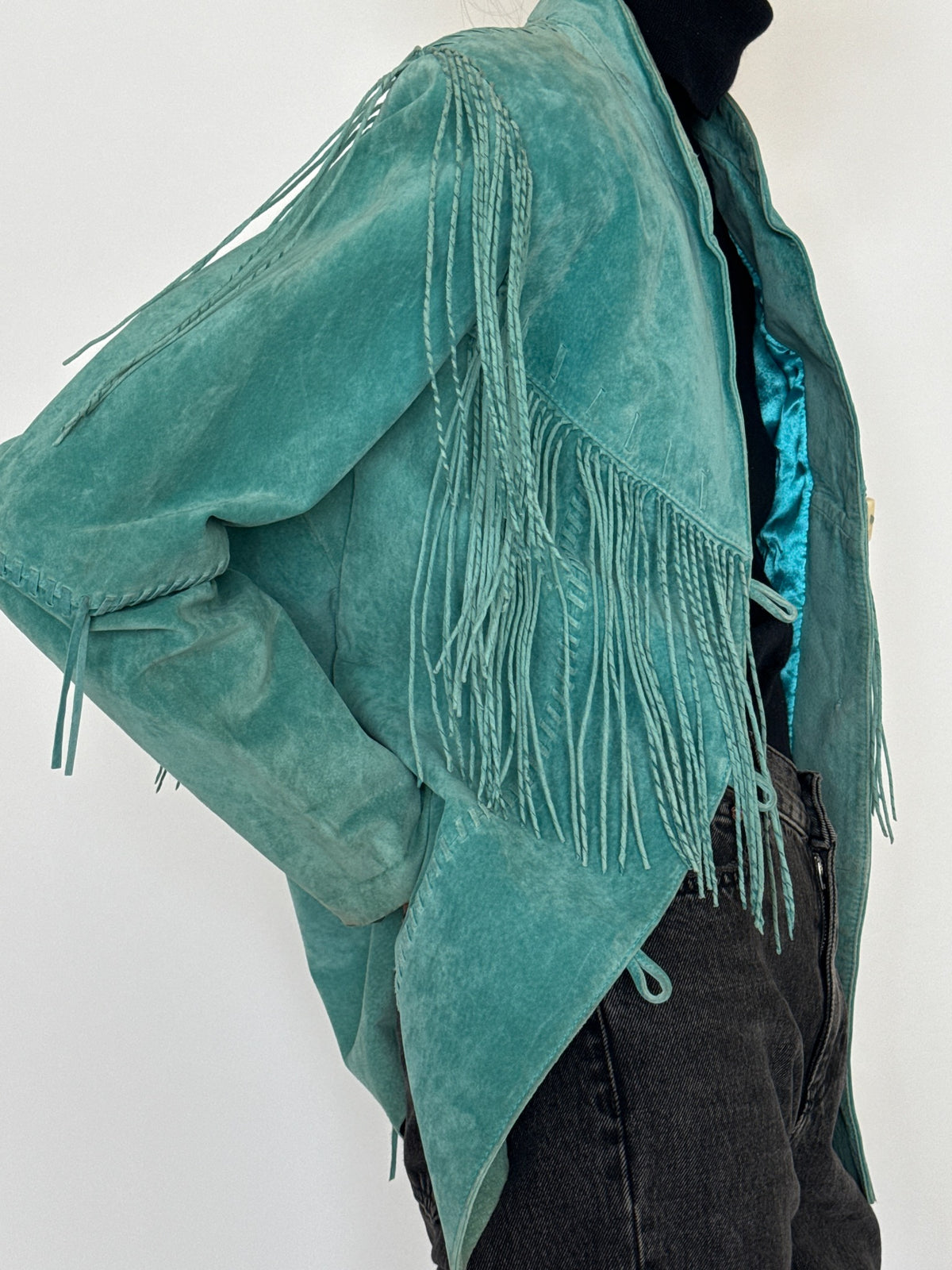 Vintage washed teal western-inspired fringe jacket