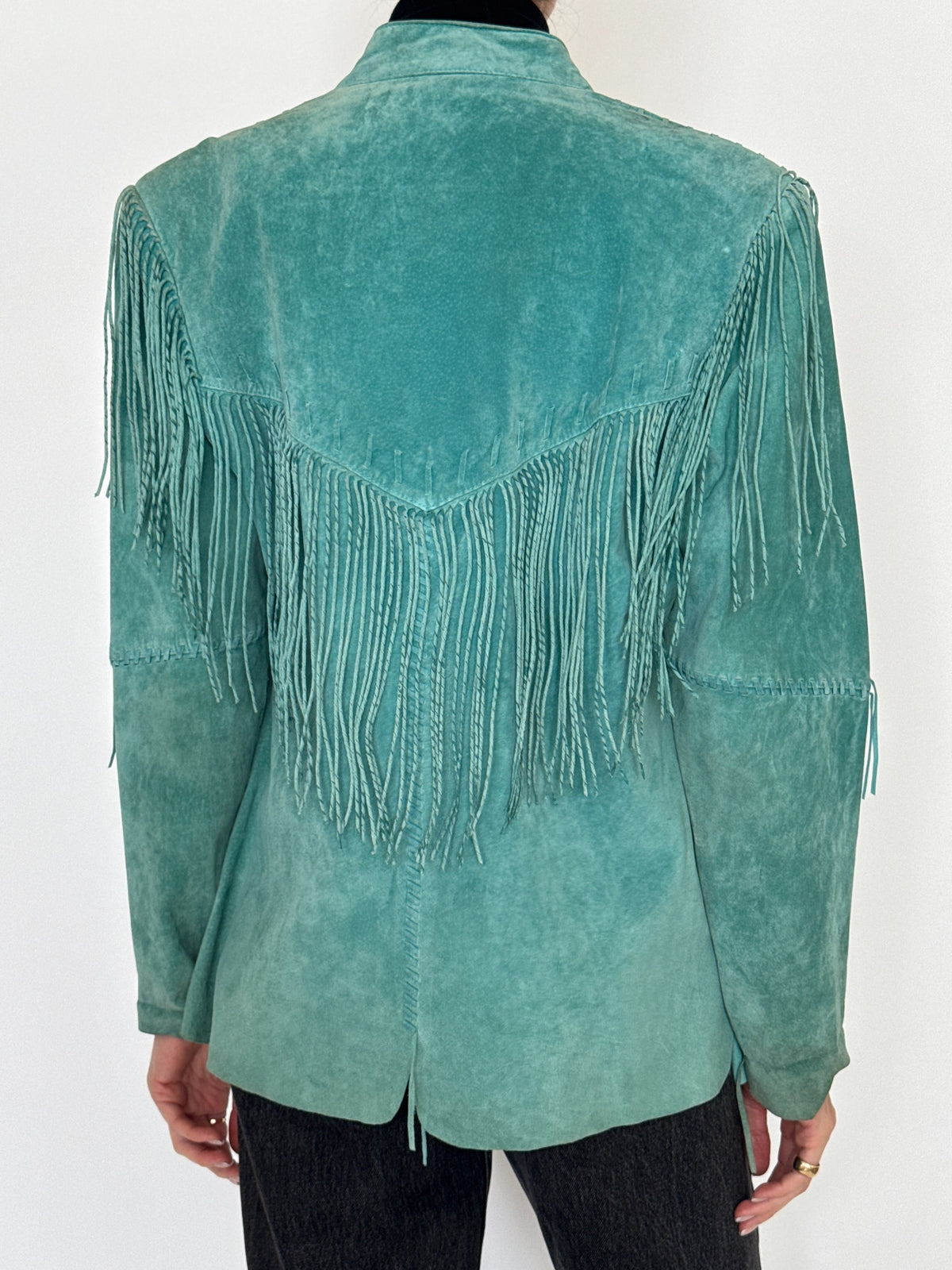 Vintage washed teal western-inspired fringe jacket