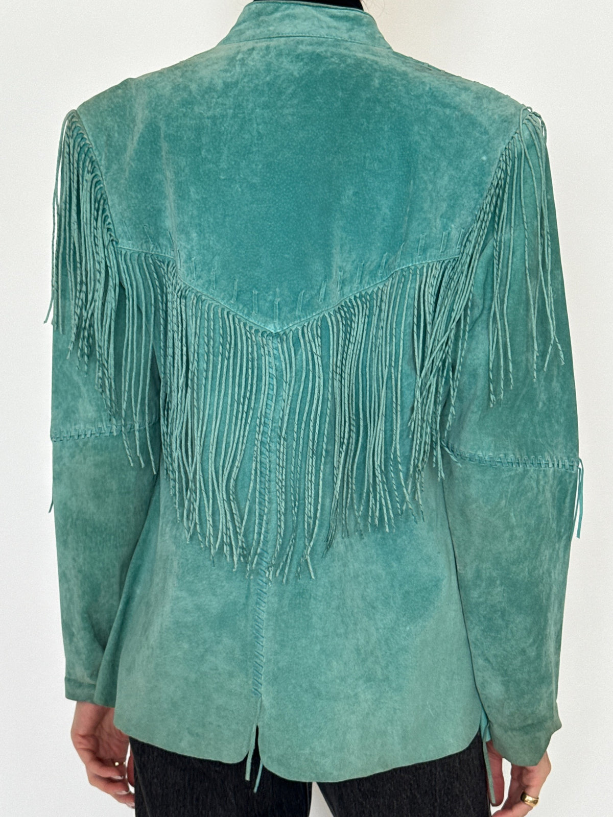 Vintage washed teal western-inspired fringe jacket