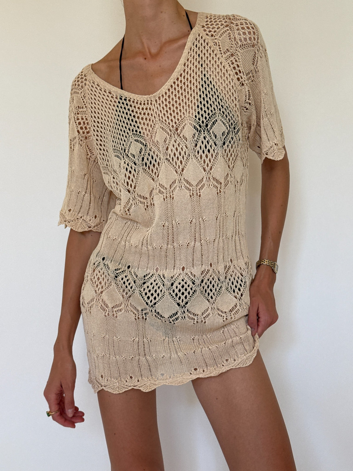 Vintage crochet swim cover-up cream styled front angle