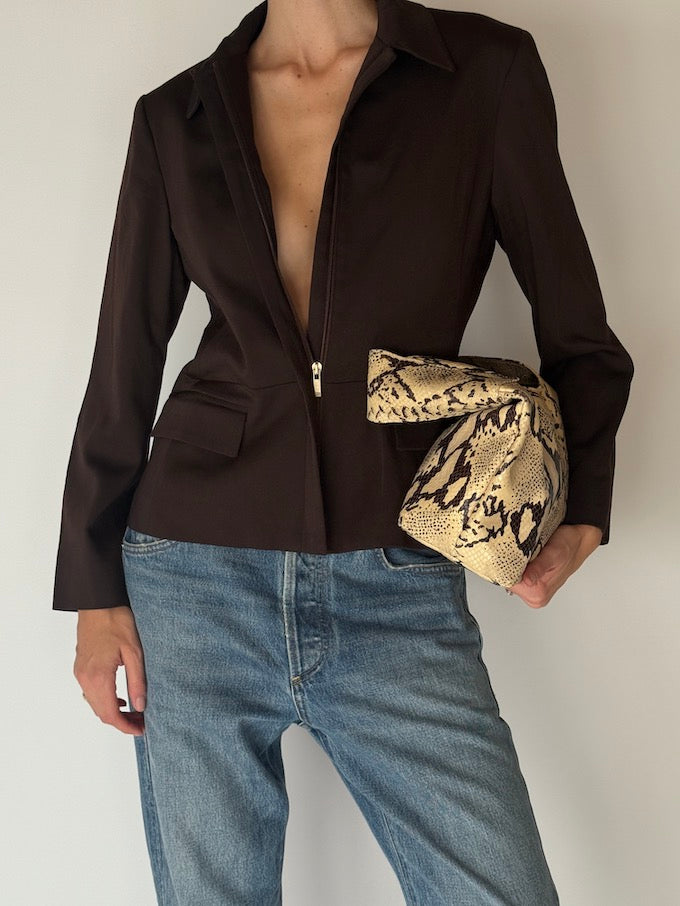 Vintage Wool-Blend Zip-Up Blazer Brown 6680