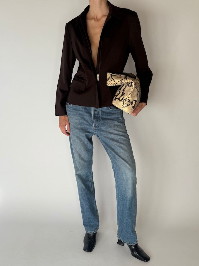 Vintage Wool-Blend Zip-Up Blazer Brown 6680