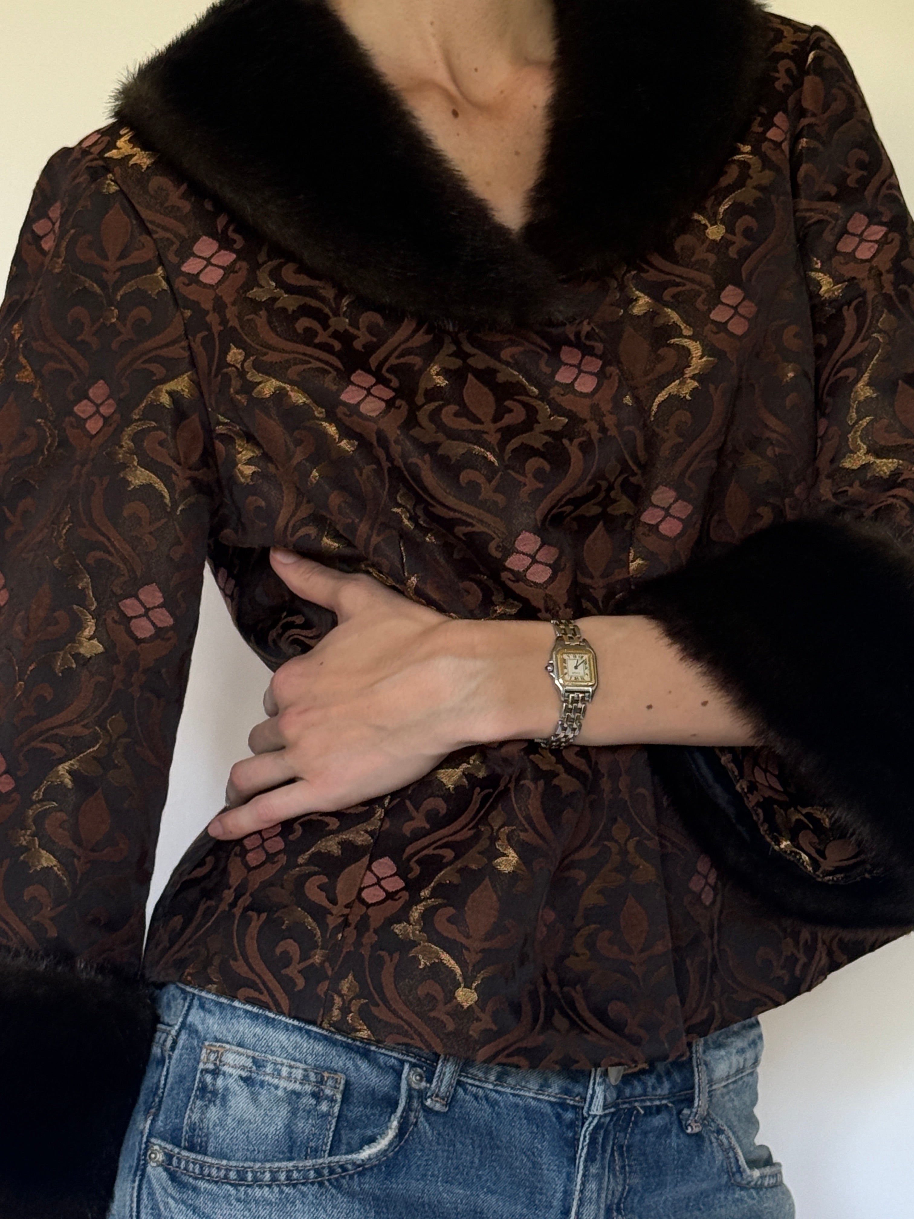 Vintage brown brocade fur trim jacket front view