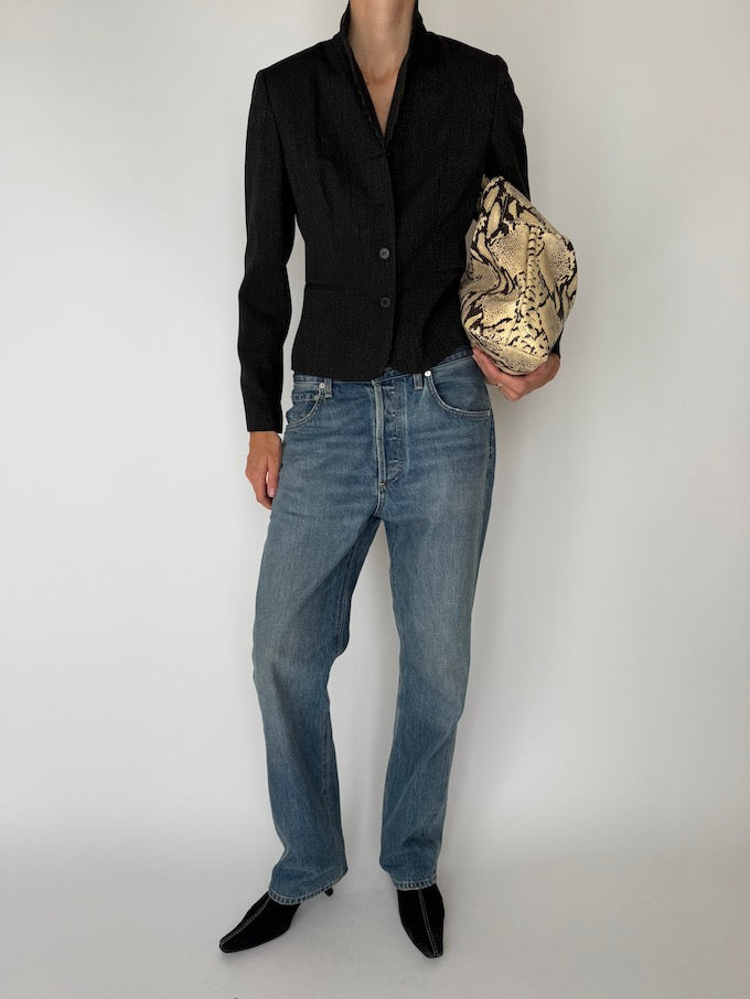 Vintage Fitted Textured Wool Blazer Black 6016