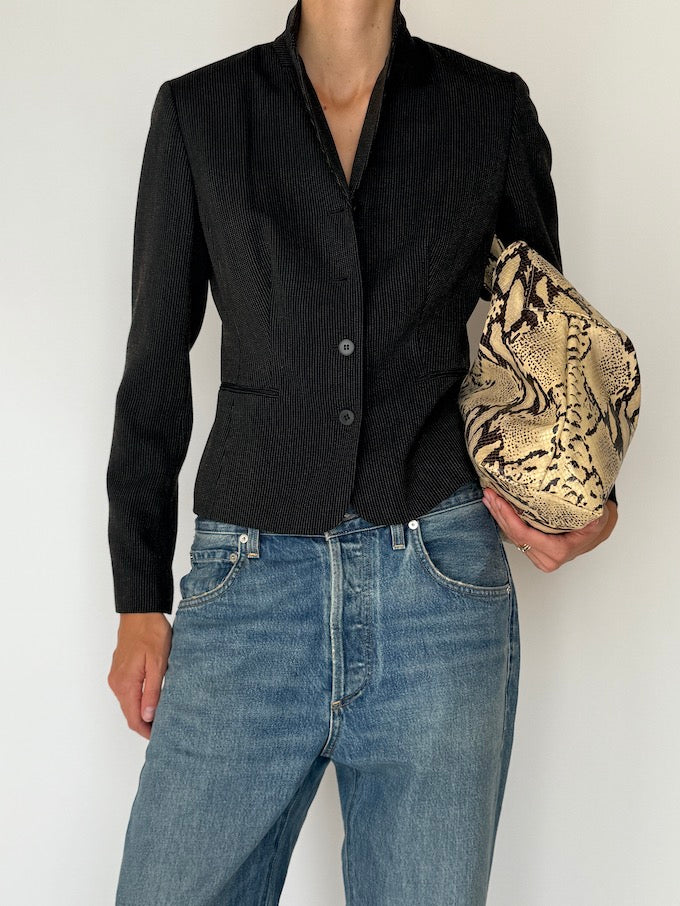 Vintage Fitted Textured Wool Blazer Black 6016