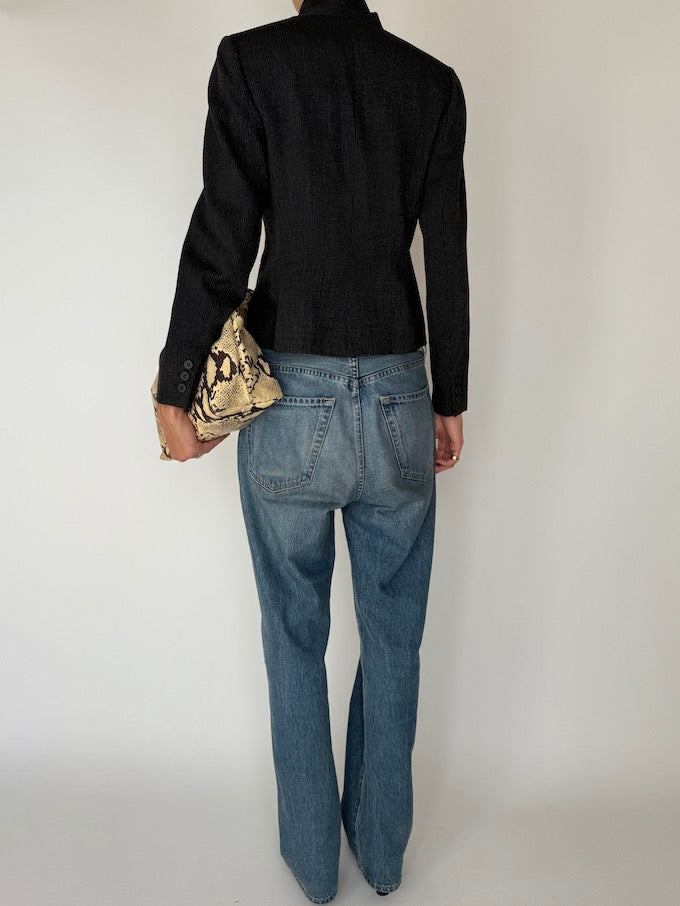 Vintage Fitted Textured Wool Blazer Black 6016