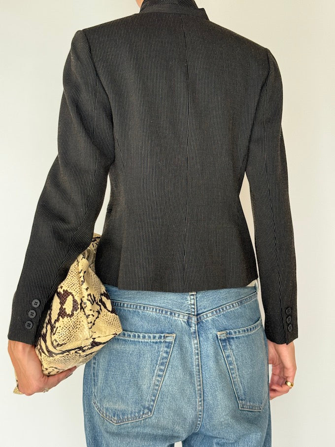 Vintage Fitted Textured Wool Blazer Black 6016