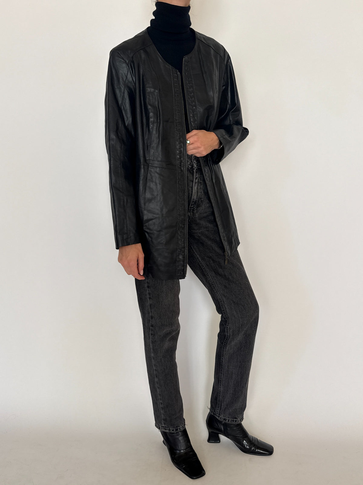 Vintage black leather longline jacket