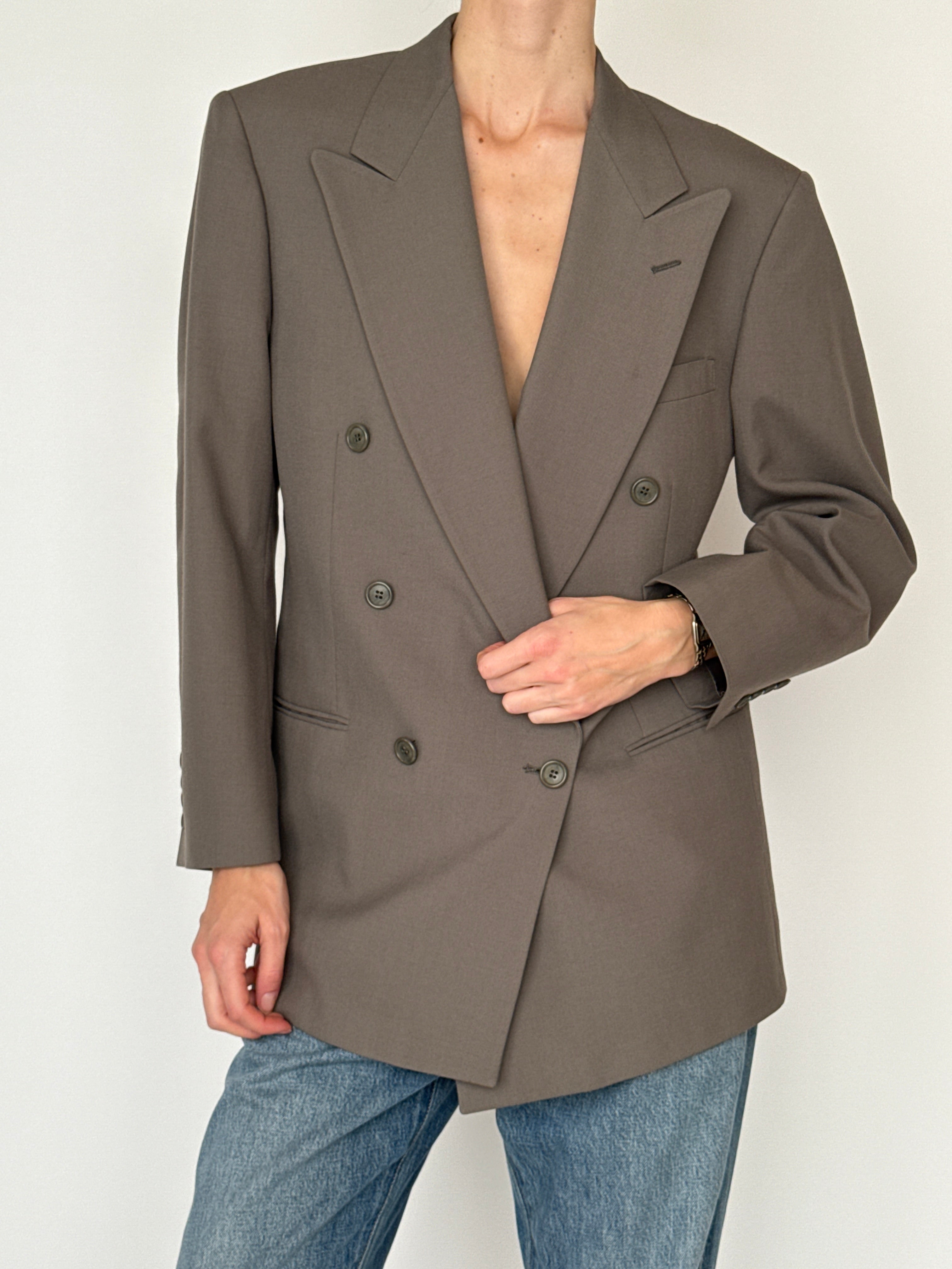 Vintage taupe double-breasted oversized blazer front view