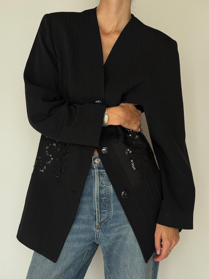 Vintage Black Long Sequin Blazer 5982