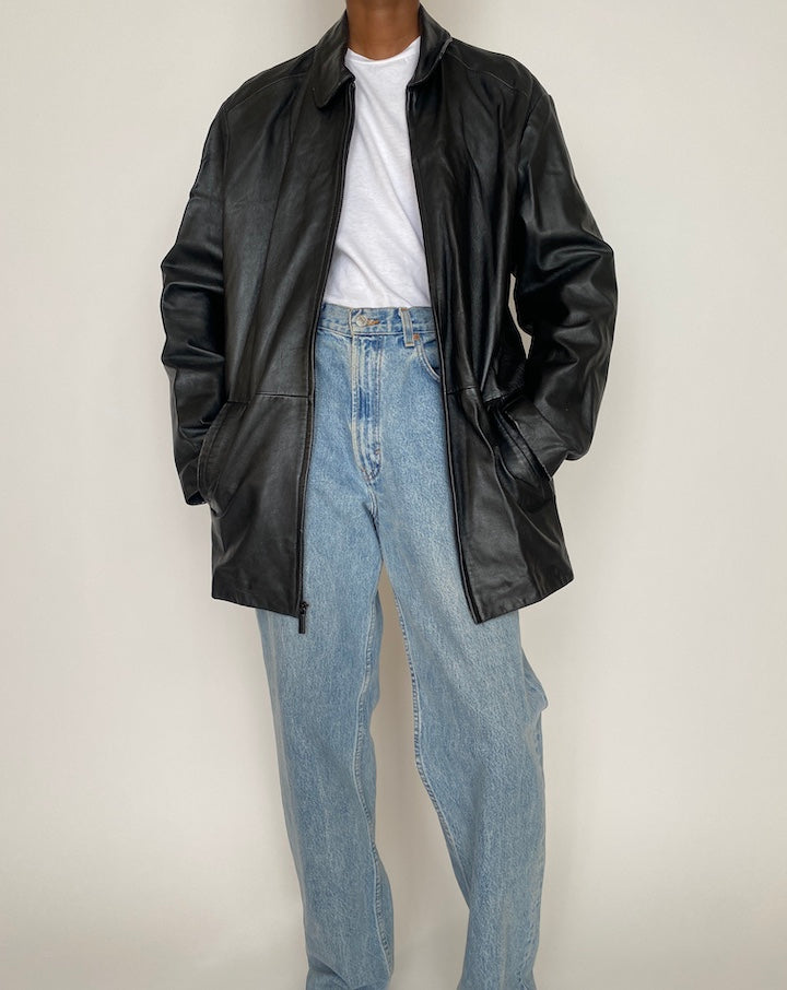 VINTAGE OVERSIZED BLACK LEATHER JACKET 3929