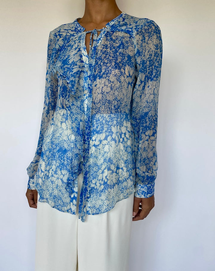 VINTAGE BLUE AND WHITE SILK BLOUSE 1093