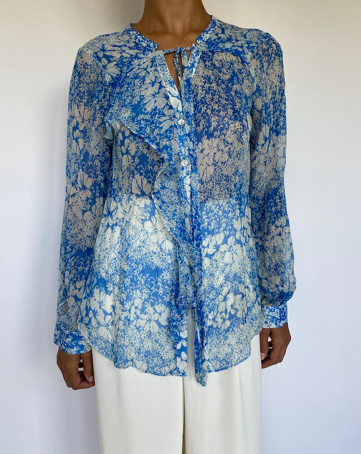 VINTAGE BLUE AND WHITE SILK BLOUSE 1093
